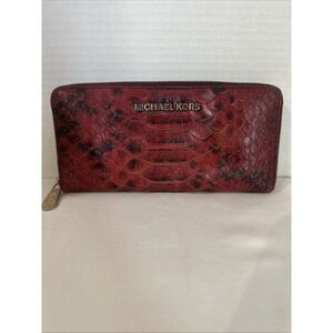 Michael Kors Red Snakeskin Leather Zip Around Wallet